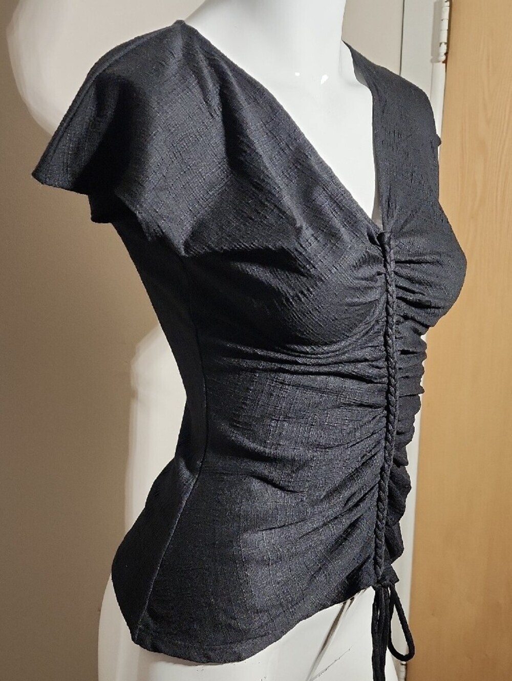 Max Studio Black Ruched V-Neck Drawstring Top - Picture 2 of 7